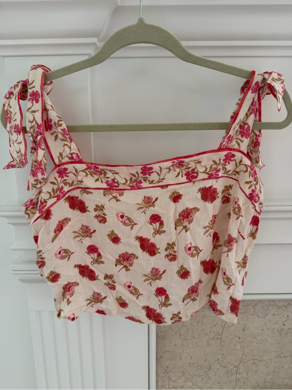 Rose+Olive Floral Coquette Balletcore Flowy Feminine Tie-Strap Crop Tank Top